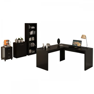 Conjunto Home Office 4 Peças Com 1 Mesa Em L, 1 Estante, 1 Gaveteiro E 1 Armário Para Escritório Preto - Pnr Móveis