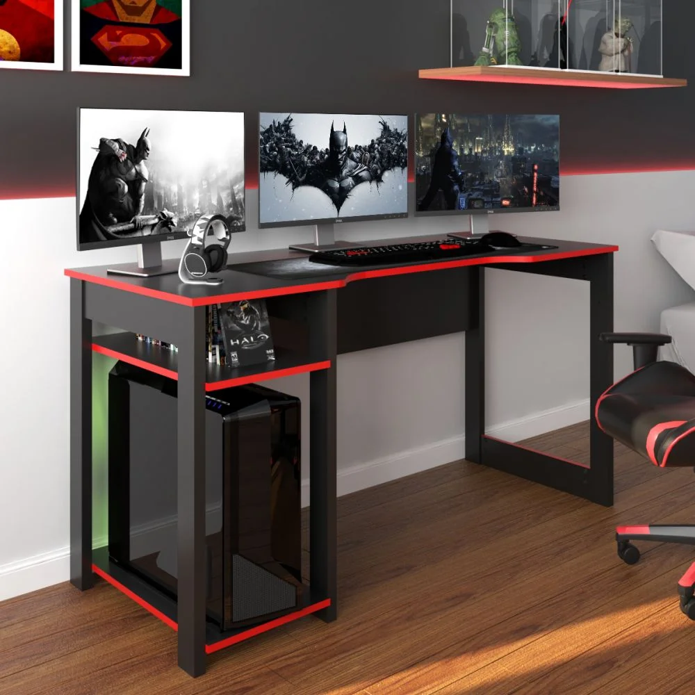 Mesa Gamer Dark Para 3 Monitores Preto/vermelho Pnr Móveis 6