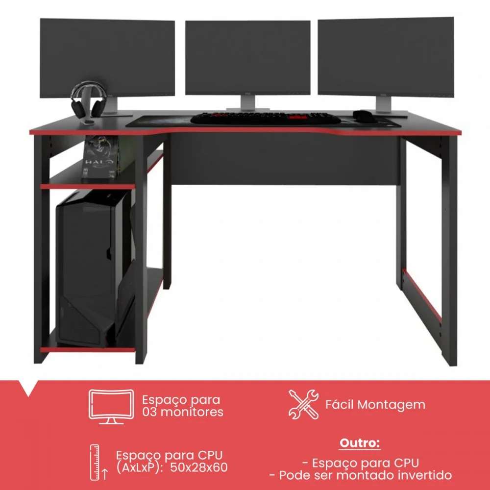 Mesa Gamer Dark Para 3 Monitores Preto/vermelho Pnr Móveis 8