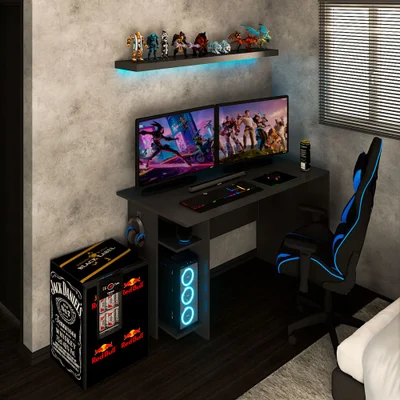 Mesa Gamer Vênus 2 Prateleiras Preto Fosco - Panorama Móveis — foto 3