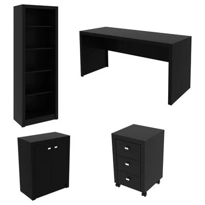 Conjunto Home Office 8 Peças Com 2 Mesa, 2 Estante, 2 Gaveteiro E 2 Armário Para Escritório Preto - Pnr Móveis