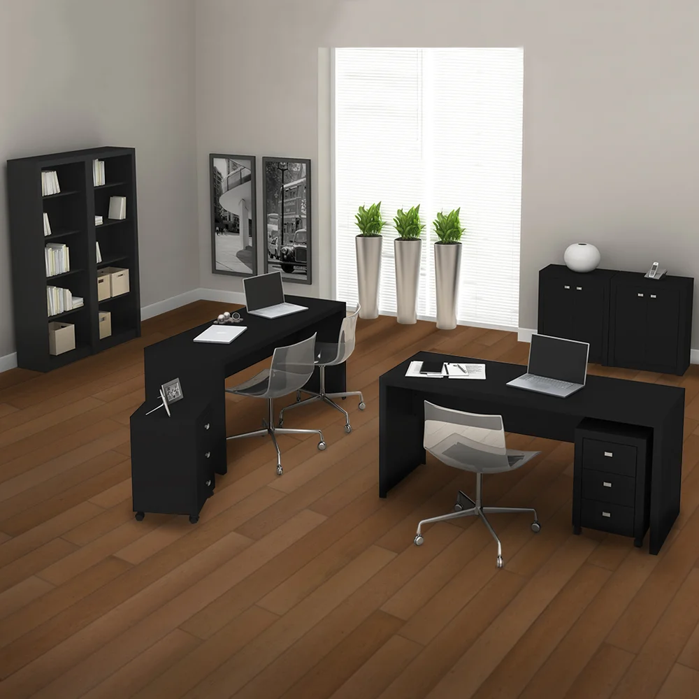 Imagem 3 de 5 do produto Conjunto Home Office 8 Peças Com 2 Mesa, 2 Estante, 2 Gaveteiro E 2 Armário Para Escritório Preto - Pnr Móveis