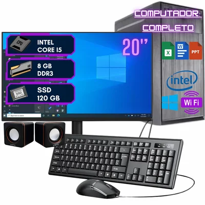 Computador Completo Home Office Intel Core I5, SSD 120GB, 8gb ram,monitor 20" HDMI,teclado E Mouse, Caixa De Som,wifi