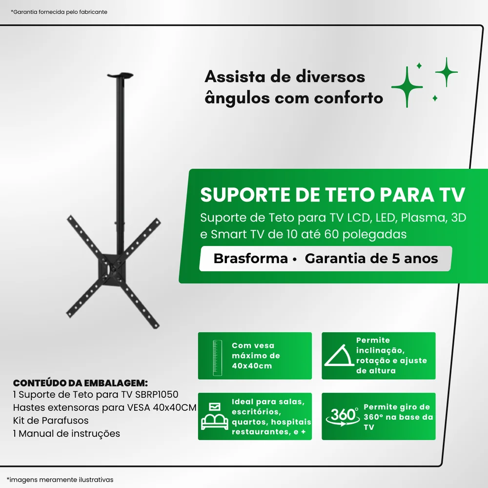 Imagem 4 de 5 do produto Suporte De Teto Para Tv 10'' Até 60'' Com Ajuste De Ângulos E Giro 360º Brasforma Sbrp1050 - 9 Unidades