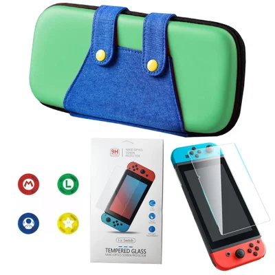Case Nintendo Switch V1 V2 Luigi + 4 Grips + Película Vidro