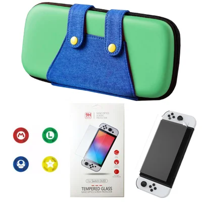 Case Nintendo Switch OLED Luigi + 4 Grips + Película Vidro