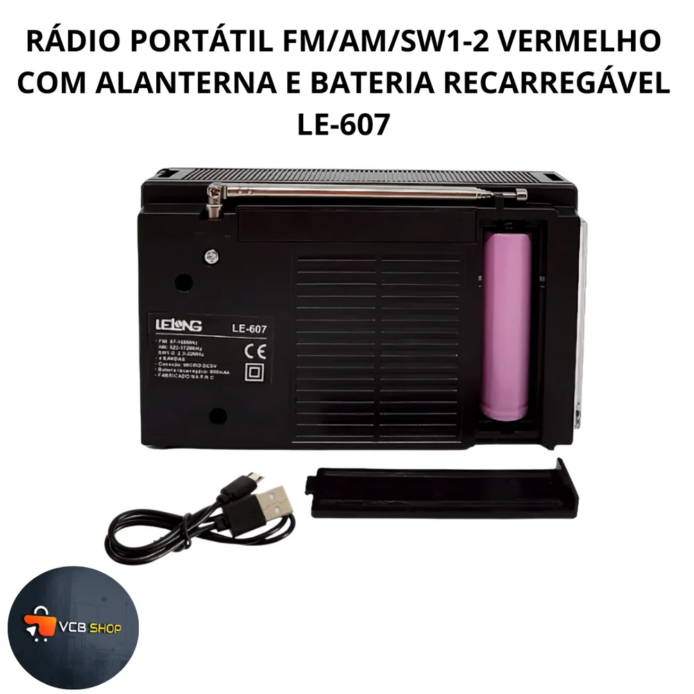 Imagem 2 de 5 do produto Rádio Portátil Fm/am/sw1-2 Vermelho Com Lanterna E  Bateria  Recarregável Le-607