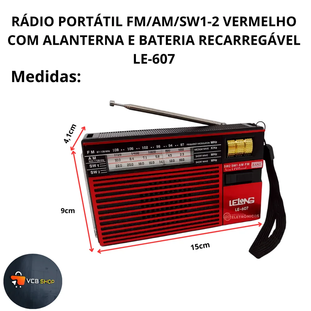 Imagem 3 de 5 do produto Rádio Portátil Fm/am/sw1-2 Vermelho Com Lanterna E  Bateria  Recarregável Le-607