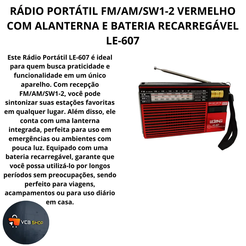 Imagem 4 de 5 do produto Rádio Portátil Fm/am/sw1-2 Vermelho Com Lanterna E  Bateria  Recarregável Le-607