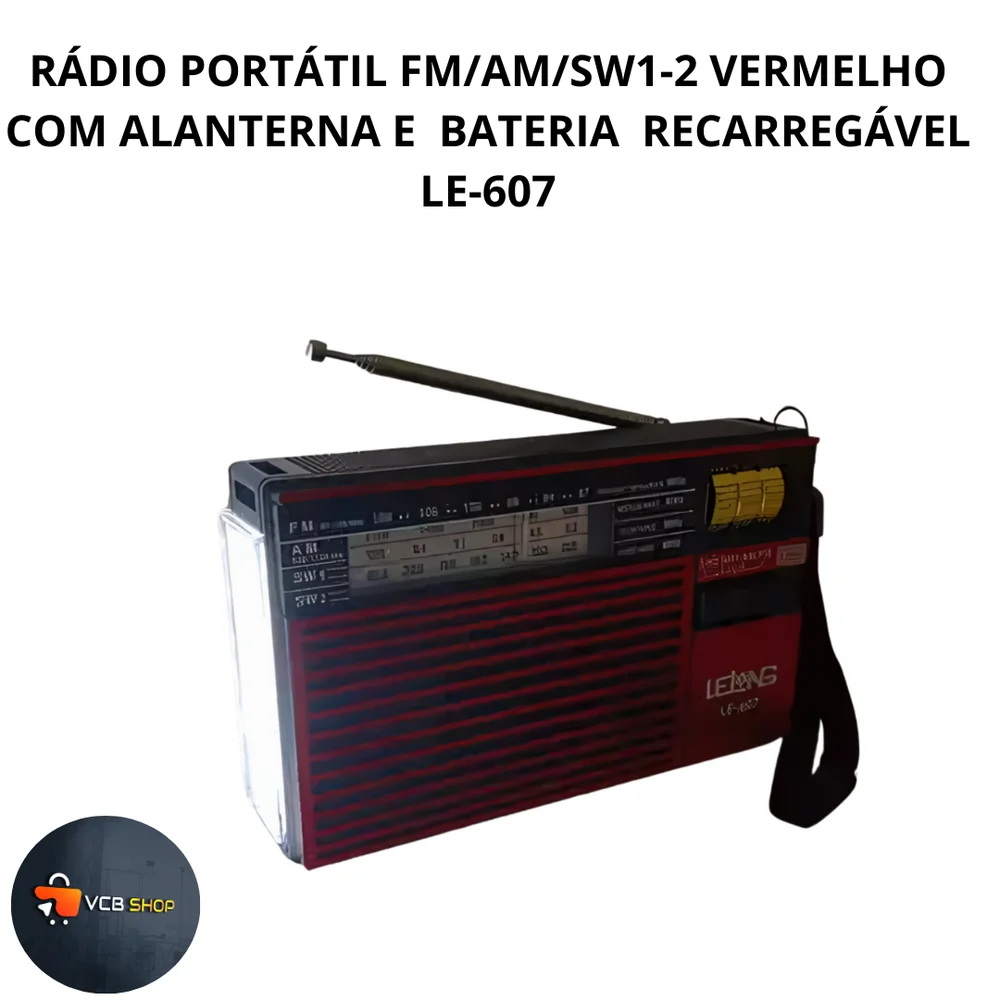 Imagem 5 de 5 do produto Rádio Portátil Fm/am/sw1-2 Vermelho Com Lanterna E  Bateria  Recarregável Le-607