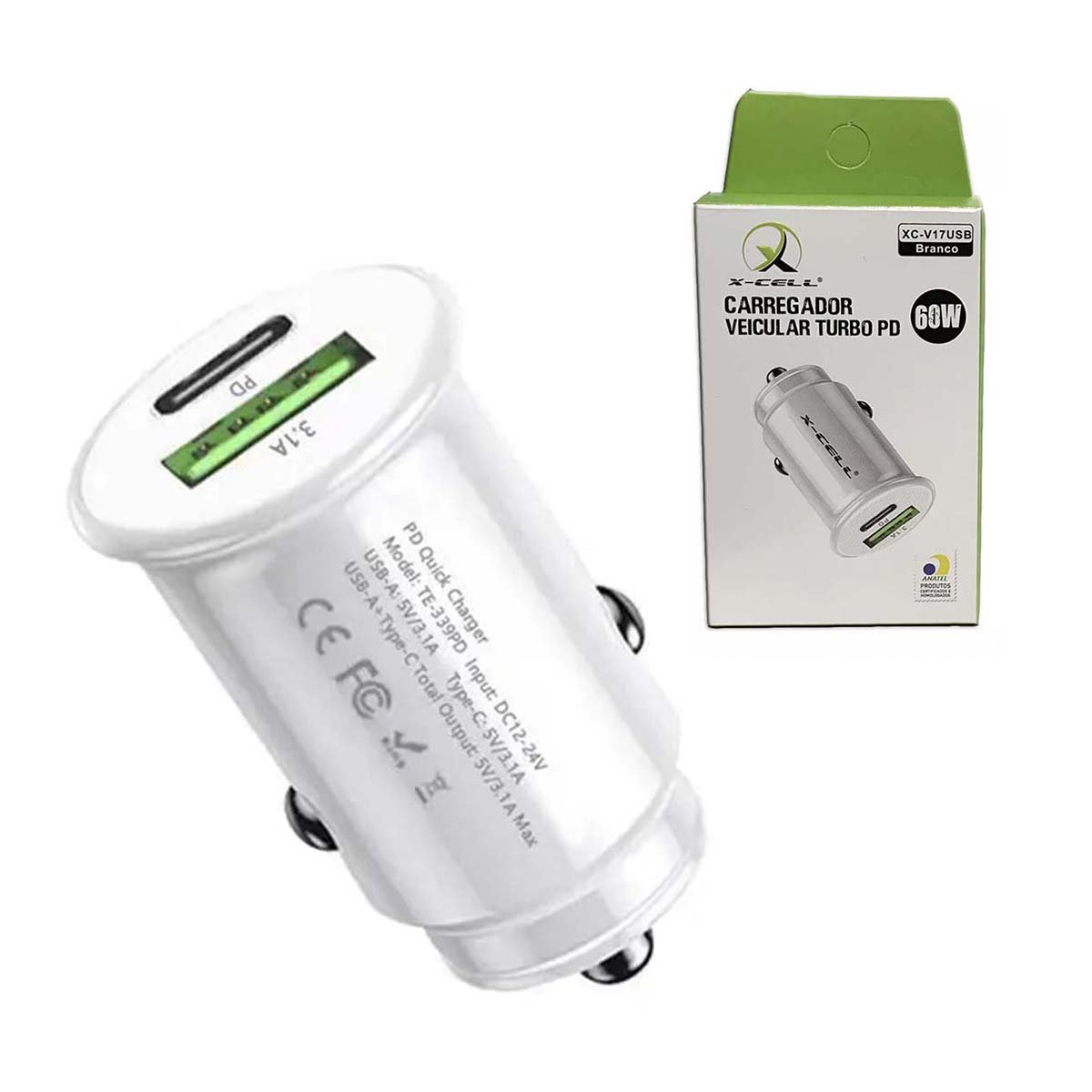 Carregador Veicular Turbo Usb C E Usb 60w Pd X-cell Branco