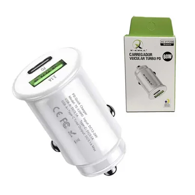 Carregador Veicular Turbo Usb C E Usb 60w Pd X-cell Branco