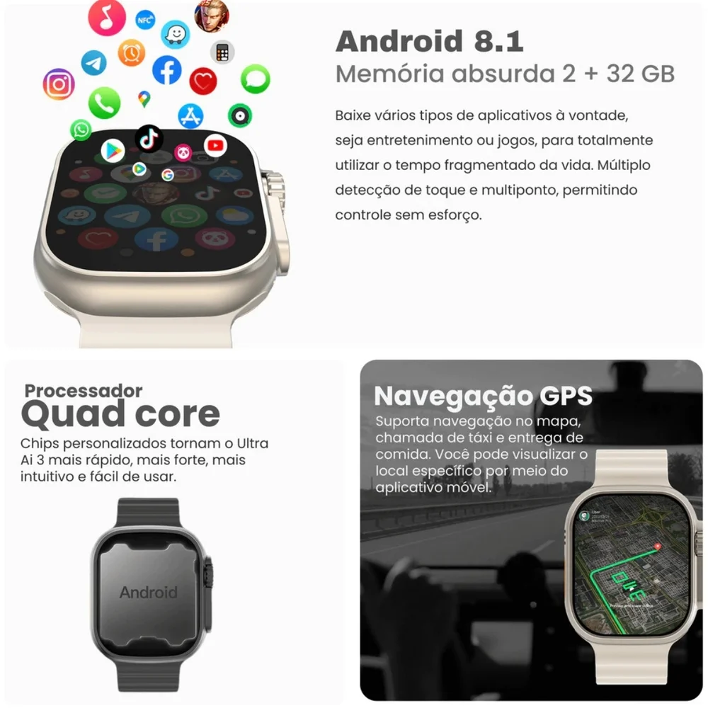 Smart Watch Microwear Ultra 3 Ai 5g Chip Android 8.1 Tela AmoLED + Acessorios Chatgpt Baixa Apps Relogio Responde Mensagens Manda Audio Smart Watch Microwear Ultra 3 Ai 5g Chip Android 8.1 Tela AmoLED + Acessorios Chatgpt Baixa Apps Relogio Responde Mensagens Manda Audio