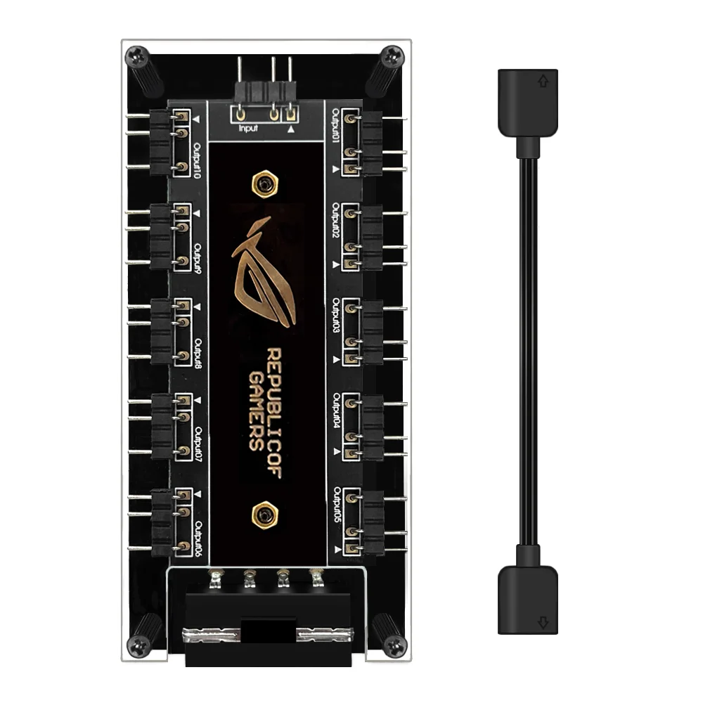 Hub Divisor para ARGB, 5v 3 Pinos, 10 Portas, Com proteção de acrílimo 3mm, Alimentação Molex