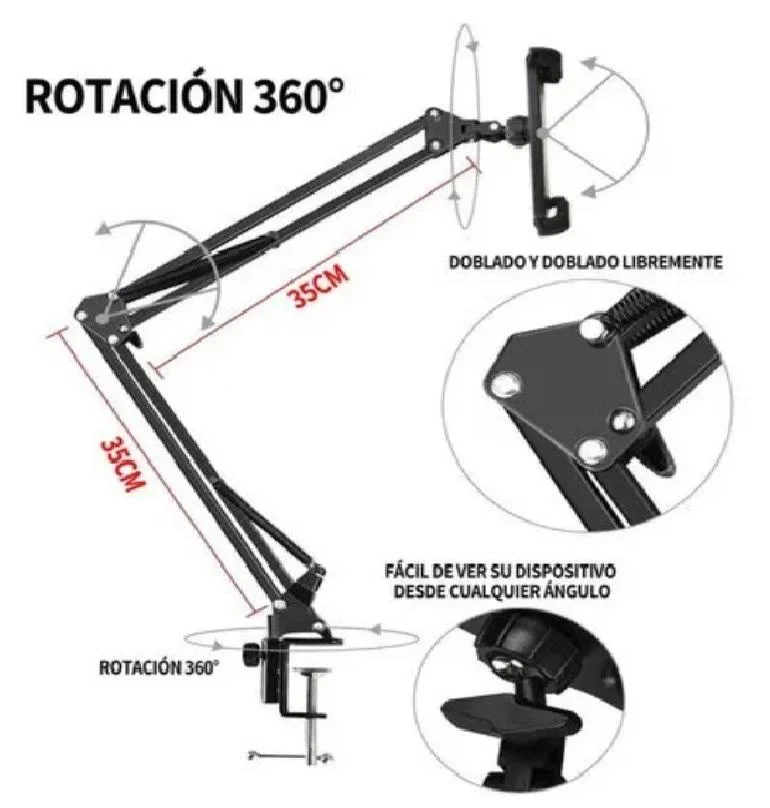 Imagem 5 de 5 do produto Suporte Braço Articulado Universal Mesa Celular Webcam Luz LED