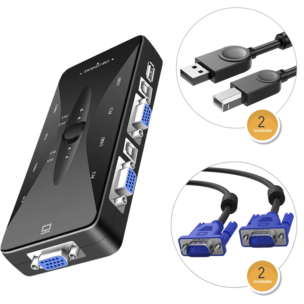 Imagem 4 de 5 do produto Hub Usb Chaveador Switch Kvm 4 Portas Vga Mouse Teclado Acompanha Cabos