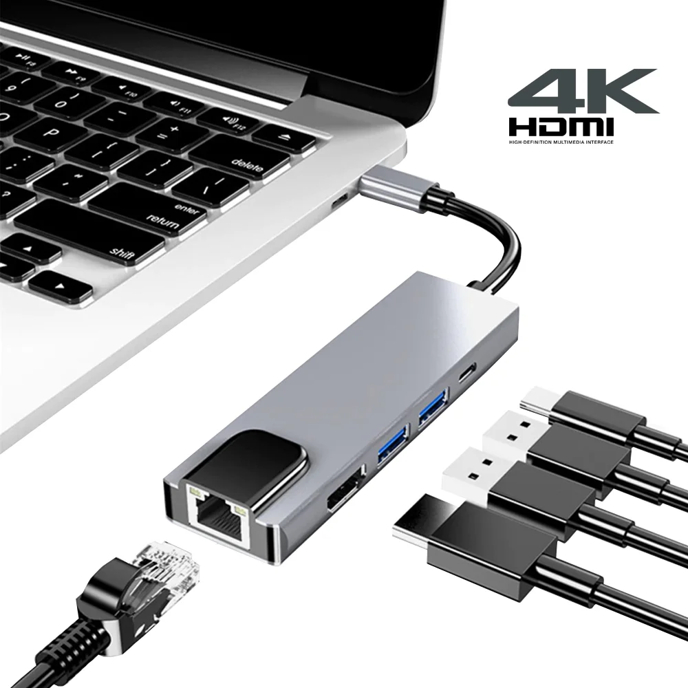 Imagem 2 de 5 do produto Adaptador Hub Macbook Usb C 5em 1 HDMI 4k Ethernet Rj45 Usb-c Pd