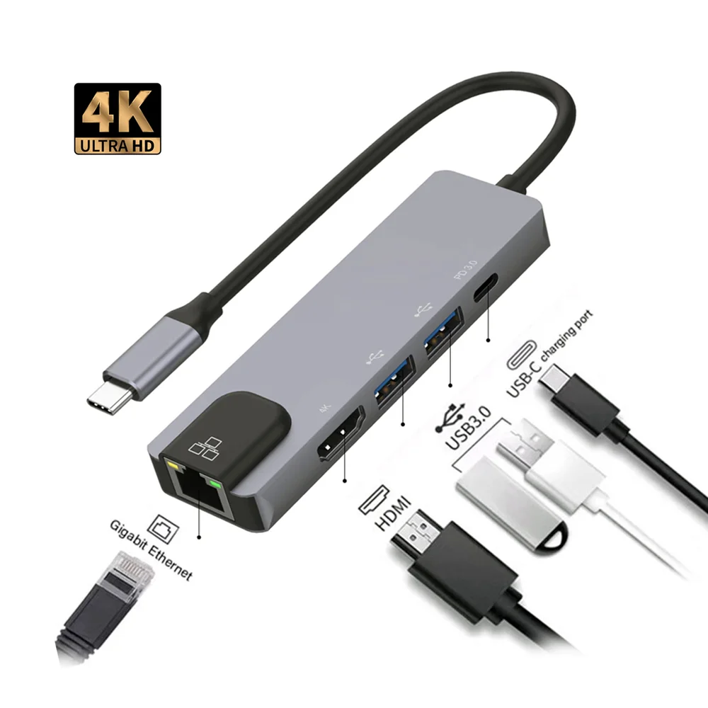 Imagem 3 de 5 do produto Adaptador Hub Macbook Usb C 5em 1 HDMI 4k Ethernet Rj45 Usb-c Pd