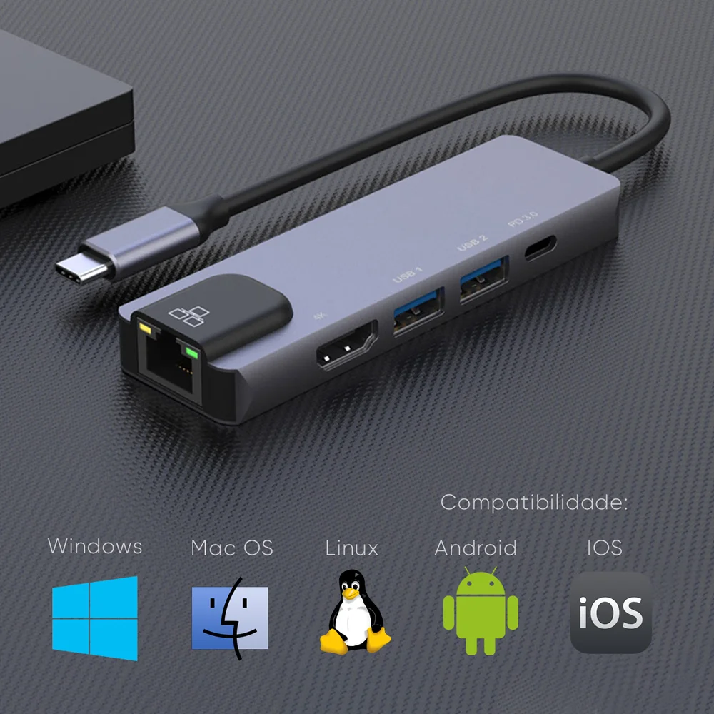 Imagem 4 de 5 do produto Adaptador Hub Macbook Usb C 5em 1 HDMI 4k Ethernet Rj45 Usb-c Pd