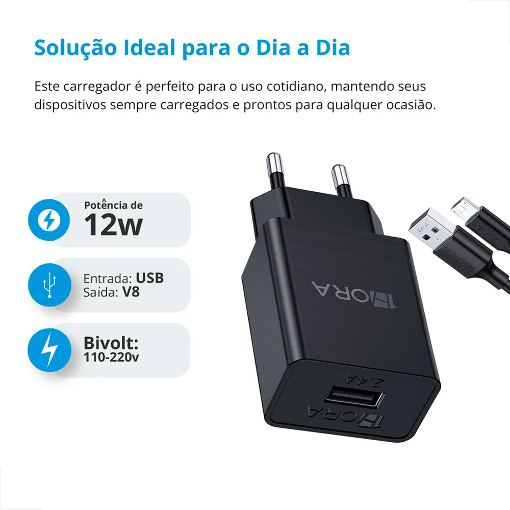 Imagem 3 de 5 do produto Carregador 5v 2.4a 12w + Cabo De Dados V8 1m 2.1a Pvc Vq-t05