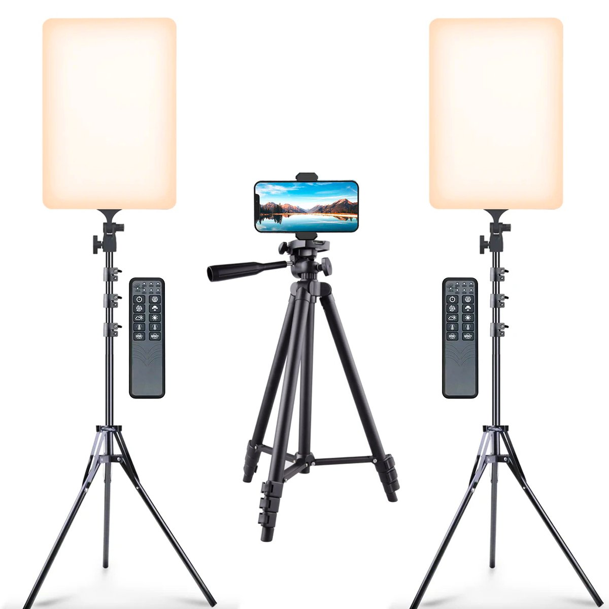 Kit 2 Ring Light Profissional Iluminador Retangular 23x43cm 16" + Tripé Celular E Maquina Fotográfica 1,3m