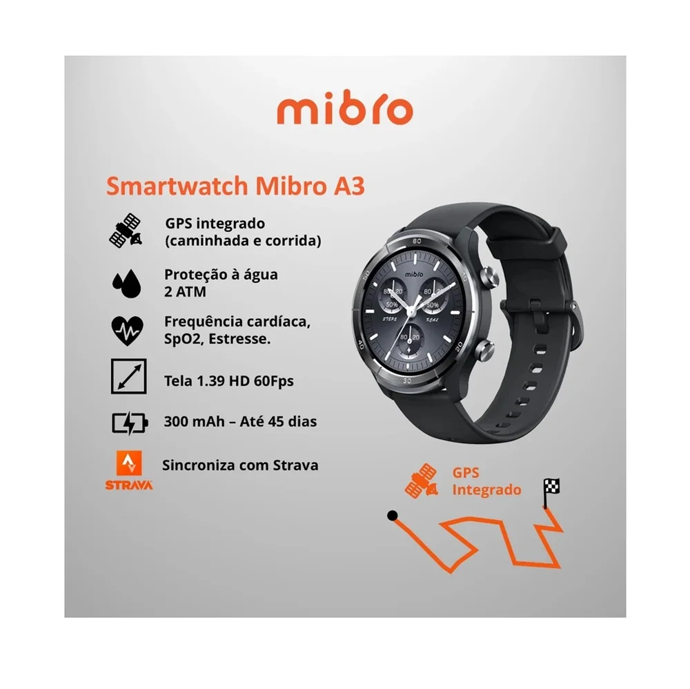 Imagem 3 de 5 do produto Smartwatch Mibro A3 Com Gps Integrado, Conexão Strava, 2atm, Bluetooth, Xpaw022 - Marron Suave