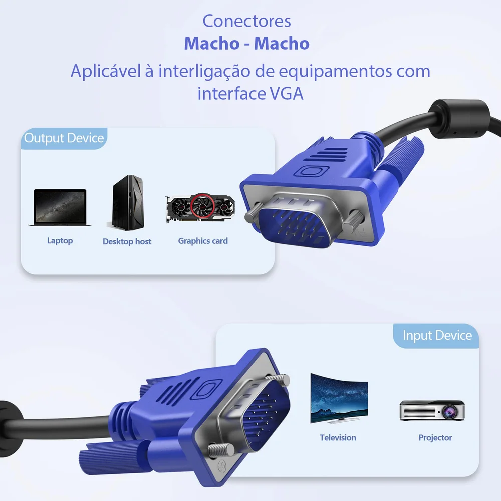 Imagem 5 de 5 do produto Kit 5 Cabo Vga Para Monitor Tv Projetor E PC 1.5m Sinal Vídeo Lcd