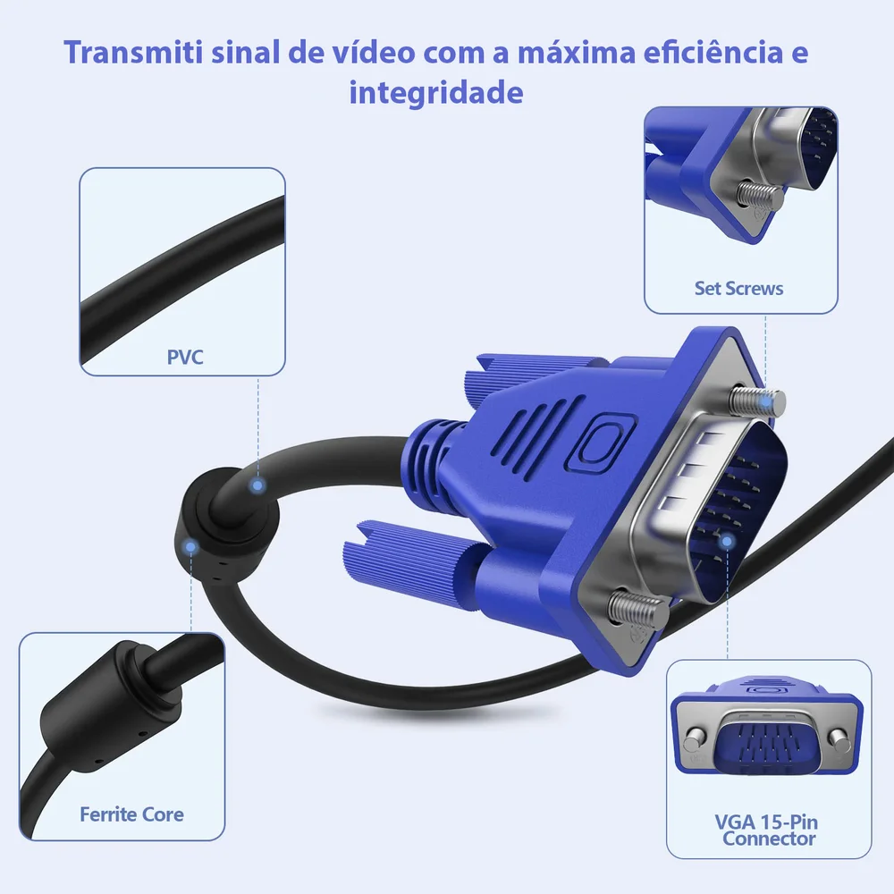 Imagem 2 de 5 do produto Cabo Vga Para Monitor Projetor E PC 1.5m Alta Qualidade No Sinal Vídeo