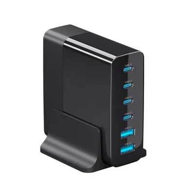 Estação Carregador Turbo Celular Tomada 2 Usb + 4 Tipo-c 80w Cor:preto