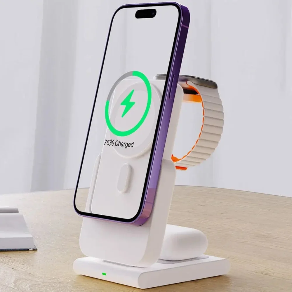 Imagem 2 de 5 do produto Carregador Power Bank 10000mah Indução 3em1 Para Iphone Fone De Ouvido E Relógio Inteligente Cor:branco
