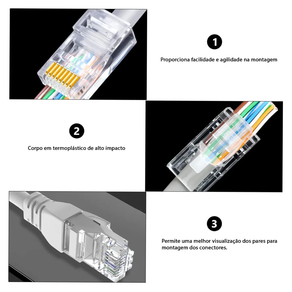 Imagem 3 de 5 do produto Conector Rj45 Macho Cat6 / Cat5e Cabo Rede Ez Vazado 100un