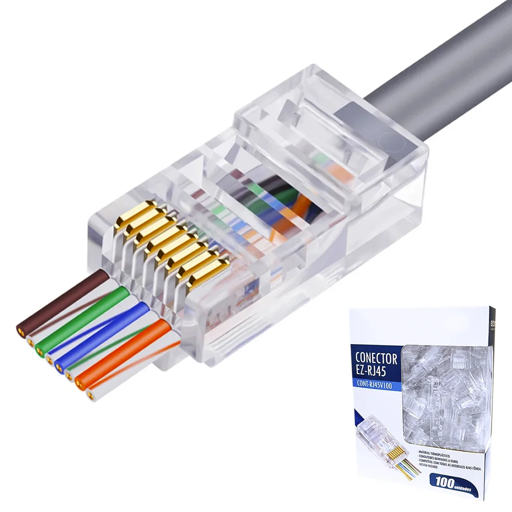 Imagem 4 de 5 do produto Conector Rj45 Macho Cat6 / Cat5e Cabo Rede Ez Vazado 100un