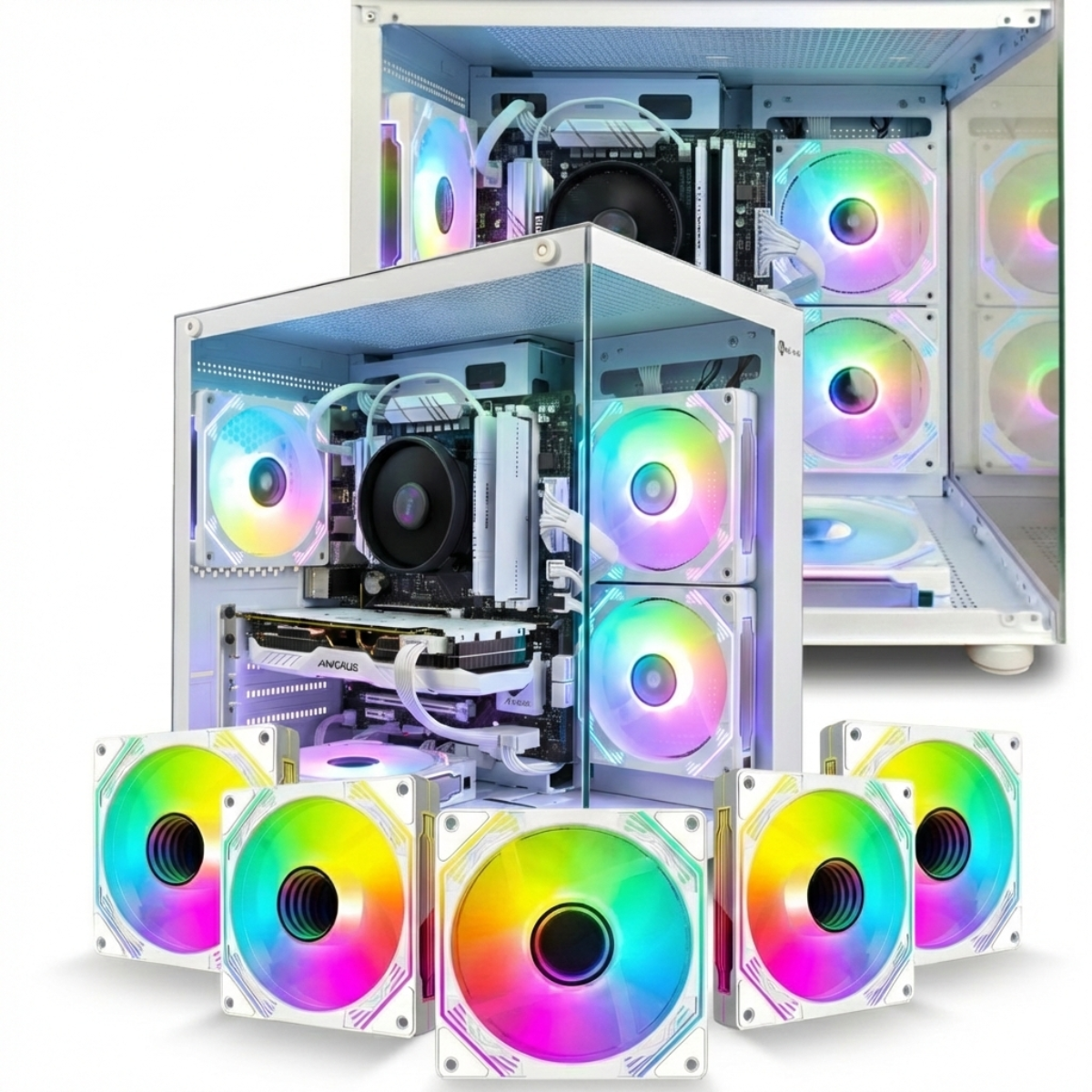 Gabinete Gamer Aquário Branco com 5 Fans RGB Inclusas Mini Tower para Placas Micro Atx Mini ITX Vidro Temperado