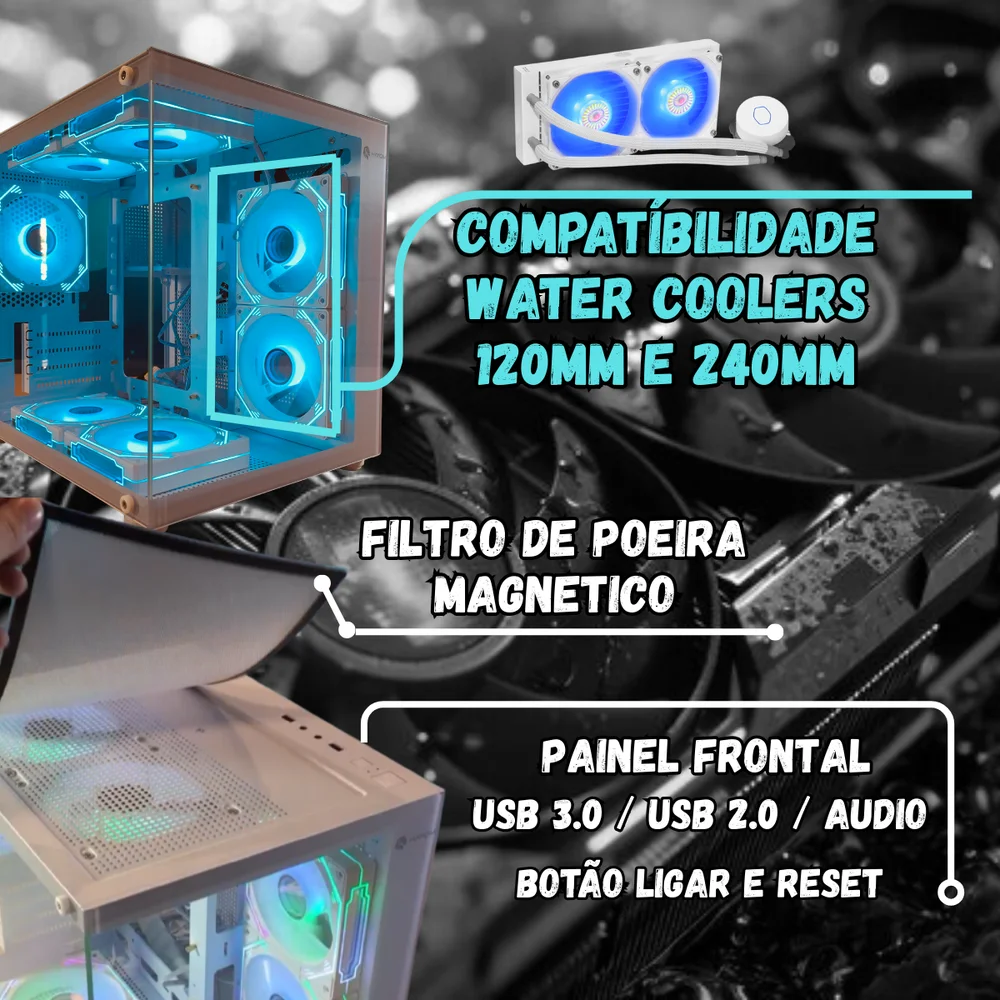 Imagem 2 de 5 do produto Gabinete Gamer Aquário Branco com 5 Fans RGB Inclusas Mini Tower para Placas Micro Atx Mini ITX Vidro Temperado