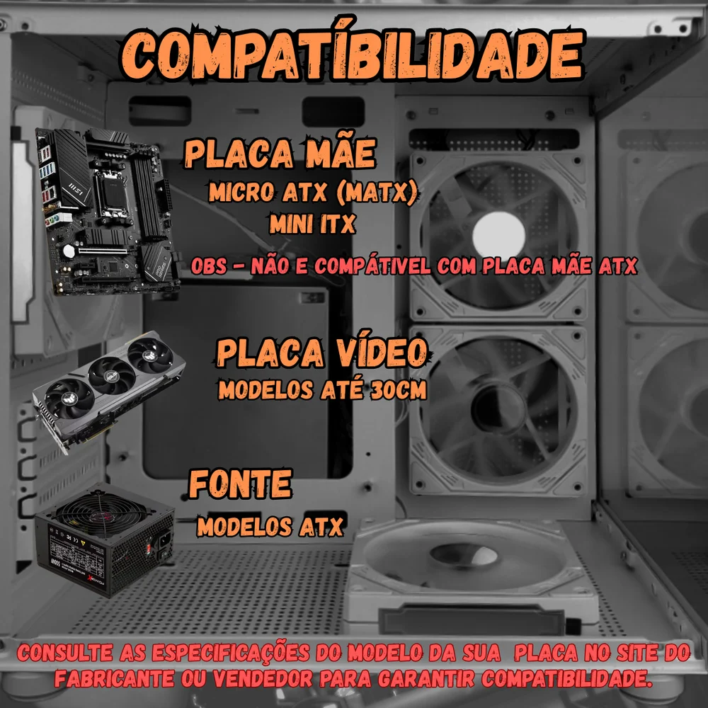 Imagem 3 de 5 do produto Gabinete Gamer Aquário Branco com 5 Fans RGB Inclusas Mini Tower para Placas Micro Atx Mini ITX Vidro Temperado