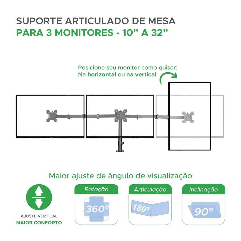 Imagem 2 de 5 do produto Suporte Para 3 Monitores / Tvs Até 32" Pix Px-150m, Com Regulagem De Altura E Ângulo, Padrão Vesa - 079-0082