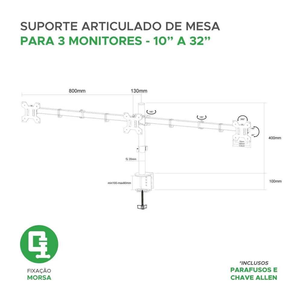 Imagem 3 de 5 do produto Suporte Para 3 Monitores / Tvs Até 32" Pix Px-150m, Com Regulagem De Altura E Ângulo, Padrão Vesa - 079-0082