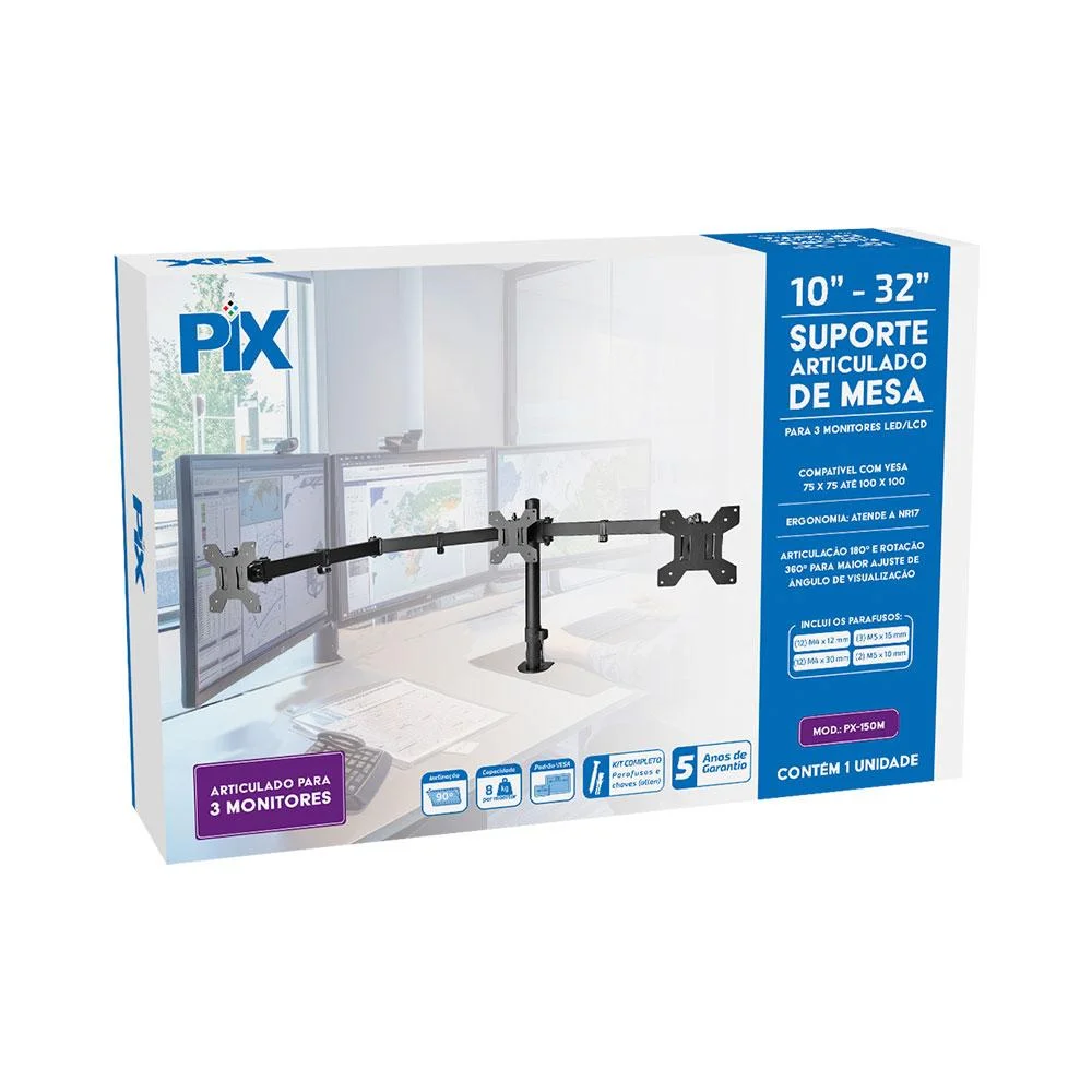 Imagem 4 de 5 do produto Suporte Para 3 Monitores / Tvs Até 32" Pix Px-150m, Com Regulagem De Altura E Ângulo, Padrão Vesa - 079-0082