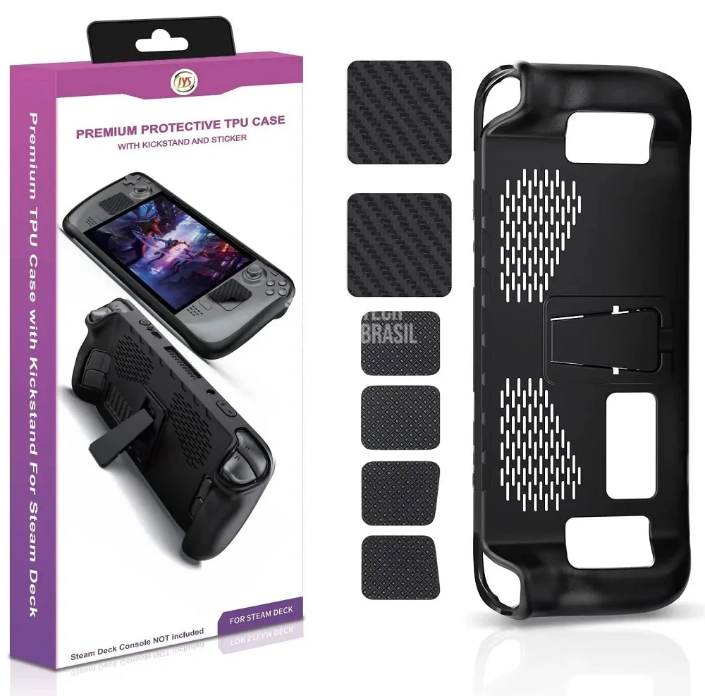Capa Protetora Case Premium Em Tpu Para Steam Deck Preta Com Suporte + Adesivos