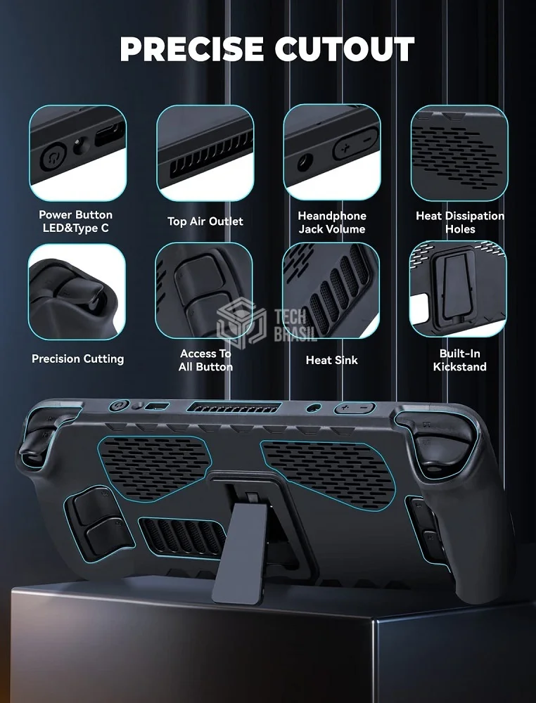Capa Protetora Case Premium Em Tpu Para Steam Deck Preta Com Suporte + Adesivos