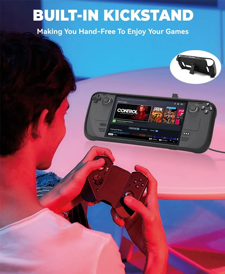 Capa Protetora Case Premium Em Tpu Para Steam Deck Preta Com Suporte + Adesivos