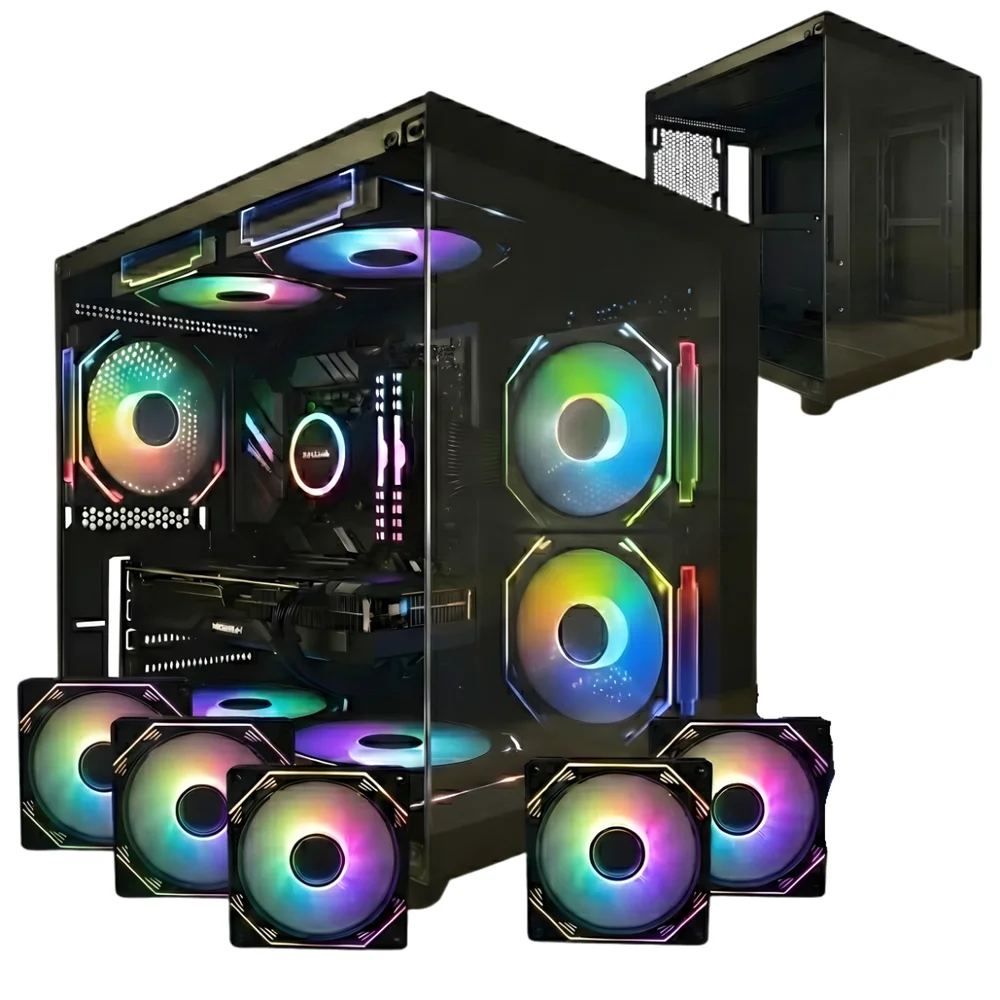 Gabinete Gamer Preto Aquário com 5 Fans RGB Inclusas Mini Tower para Placas Micro Atx Mini ITX Vidro Temperado