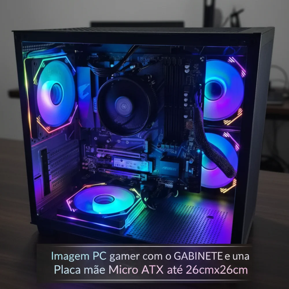 Imagem 2 de 5 do produto Gabinete Gamer Preto Aquário com 5 Fans RGB Inclusas Mini Tower para Placas Micro Atx Mini ITX Vidro Temperado