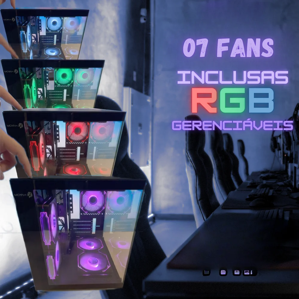 Imagem 3 de 5 do produto Gabinete Gamer Preto Aquário com 5 Fans RGB Inclusas Mini Tower para Placas Micro Atx Mini ITX Vidro Temperado