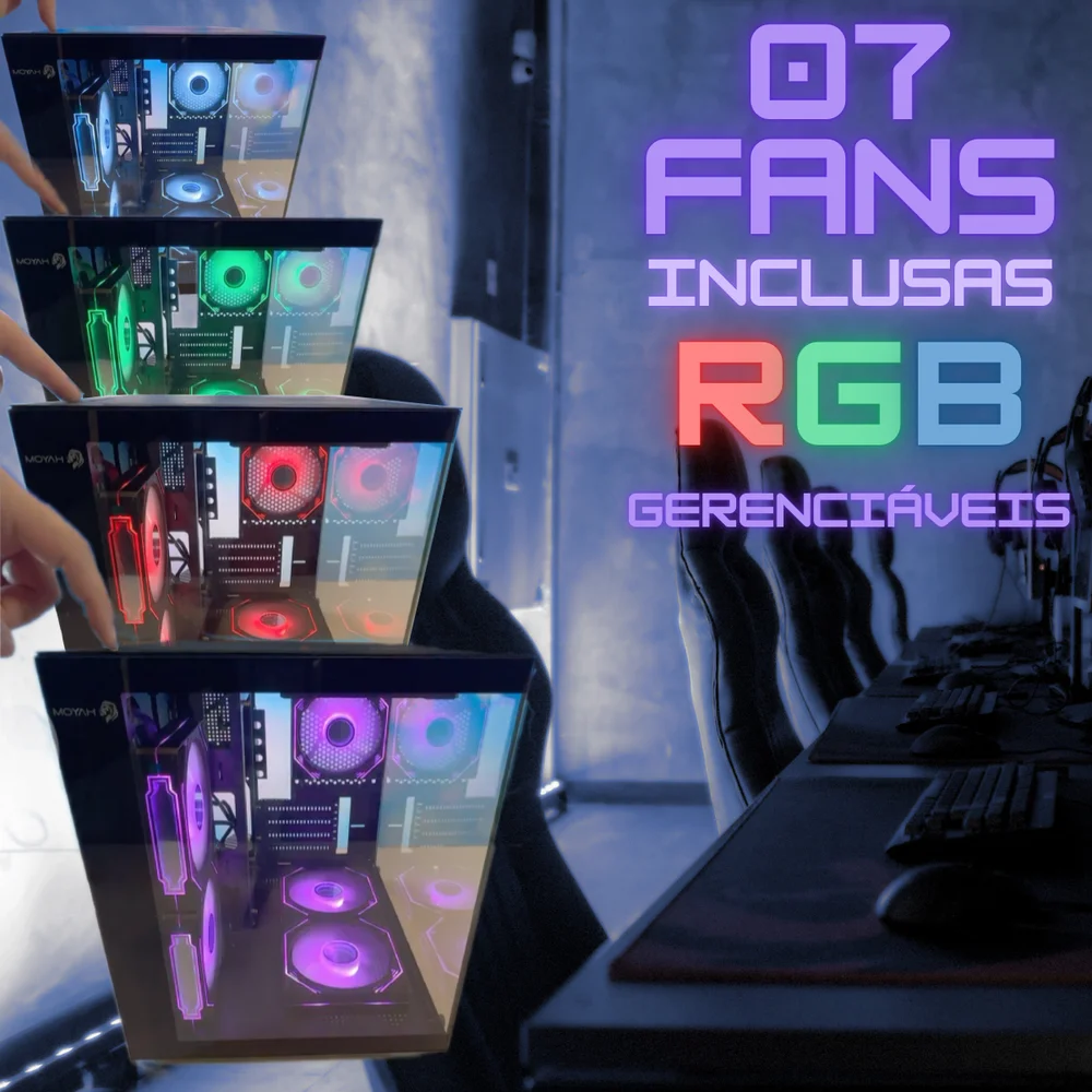 Imagem 4 de 5 do produto Gabinete Gamer Preto Aquário com 7 Fans RGB Inclusas Mini Tower para Placas Micro Atx Mini ITX Vidro Temperado