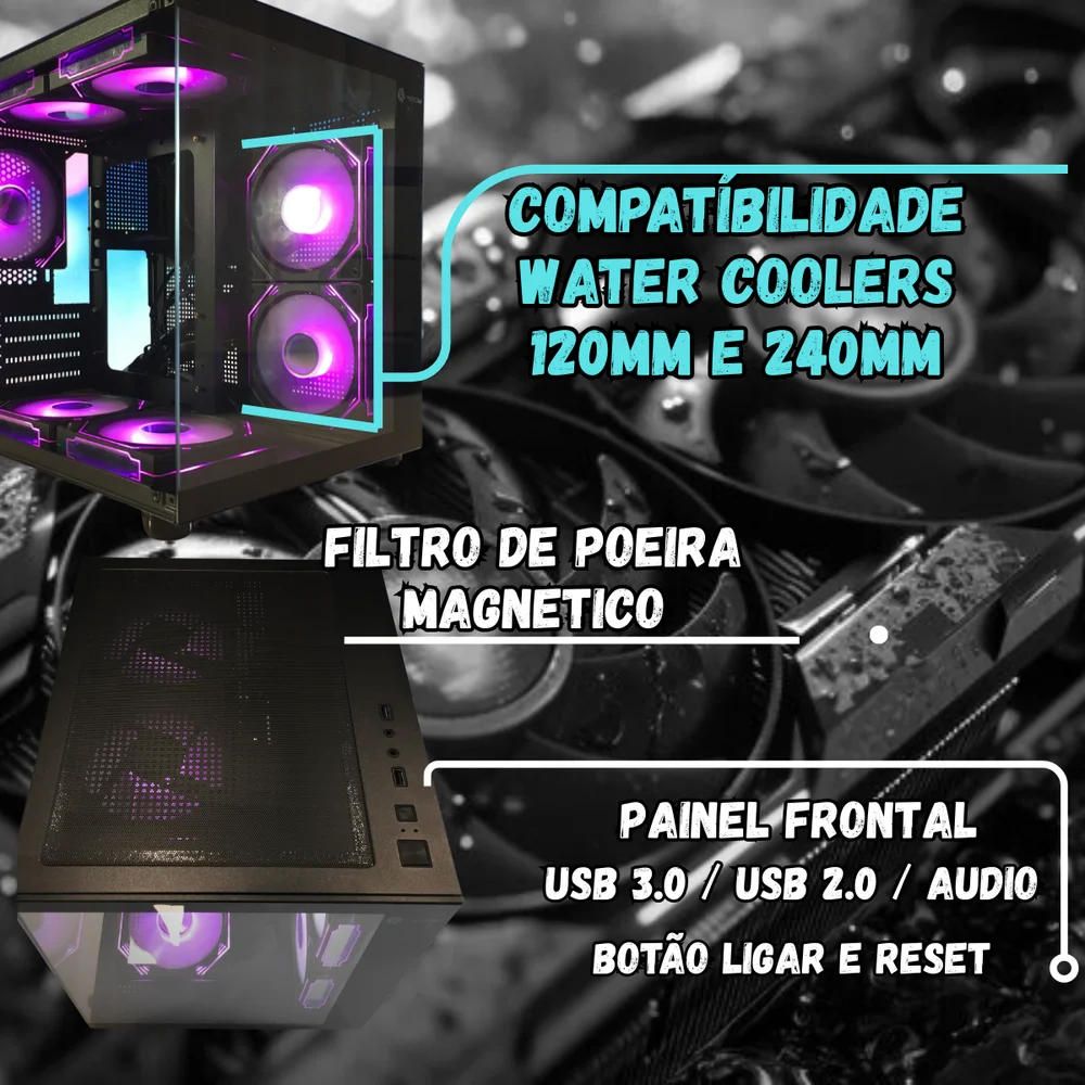 Imagem 5 de 5 do produto Gabinete Gamer Preto Aquário com 7 Fans RGB Inclusas Mini Tower para Placas Micro Atx Mini ITX Vidro Temperado