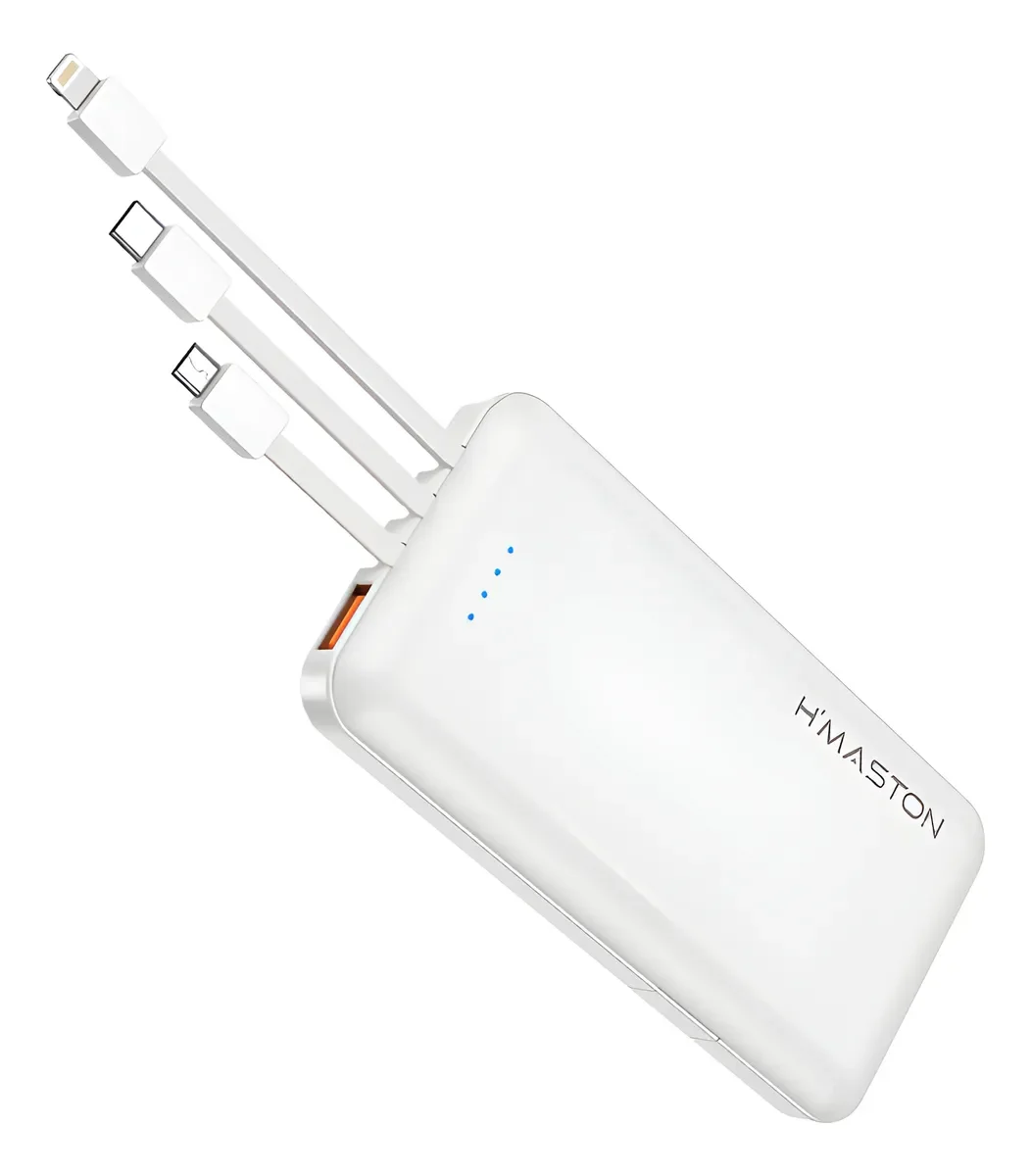 Carregador Portátil 10.000mah com 3 Cabos USB V8, TipoC, Lightning iOS