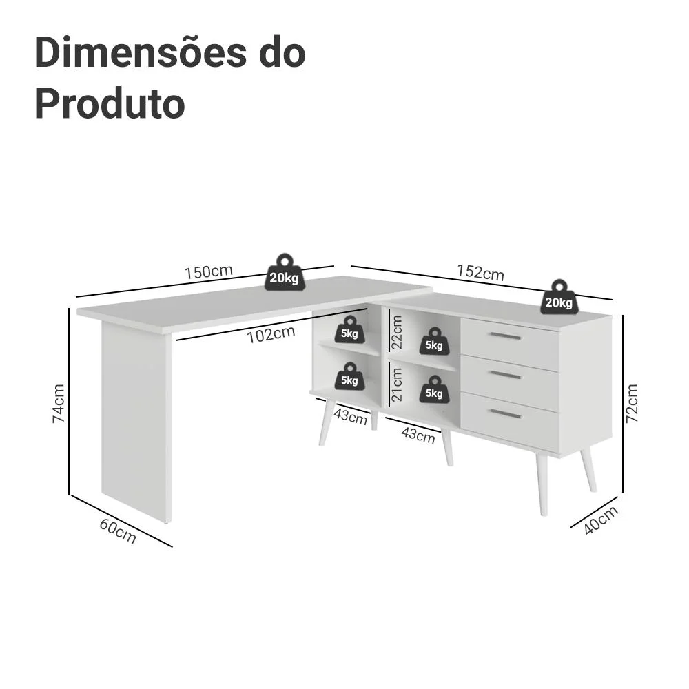 Imagem 2 de 5 do produto Mesa De Escritório Em L 3 Gavetas Branco Lisboa Madesa