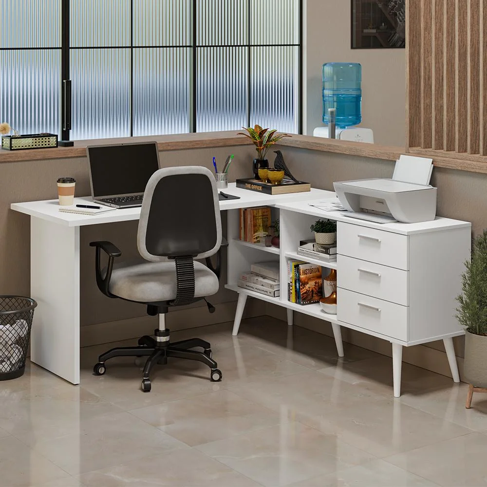 Imagem 4 de 5 do produto Mesa De Escritório Em L 3 Gavetas Branco Lisboa Madesa