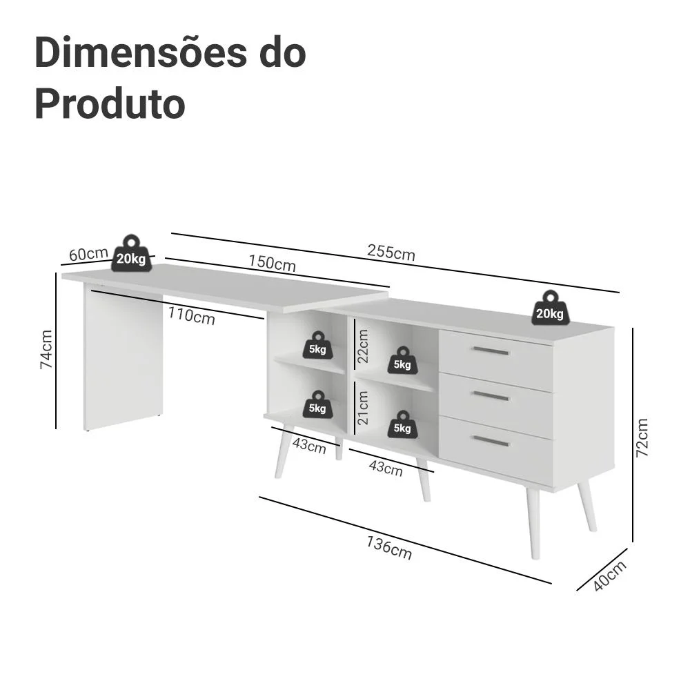 Imagem 5 de 5 do produto Mesa De Escritório Em L 3 Gavetas Branco Lisboa Madesa